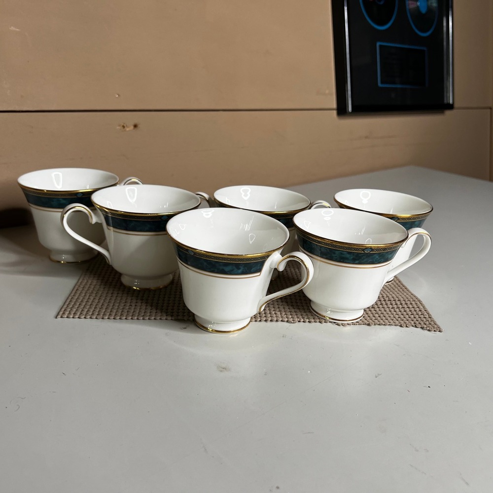 Set of 6 Royal Doulton Biltmore H5189 Fine Bone China Tea Cups Teal Gold England